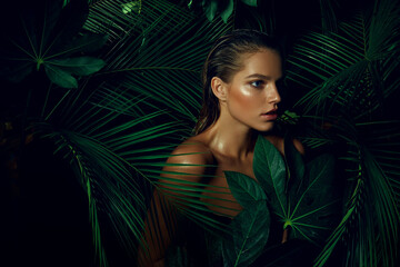 Wall Mural - a beautiful tanned girl with natural make-up and wet hair stands in the jungle among exotic plants
