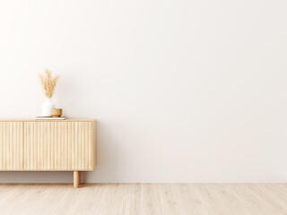 Aufkleber - Living room interior wall mockup in minimalist Japandi style with light biege wooden console and dried pampas grass decor on empty warm white background. 3d rendering, 3d illustration.