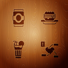 Sticker - Set Attention to health heart, Soda can, Fresh smoothie and Junk food on wooden background. Vector.