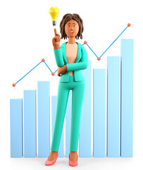 Poster - 3D illustration of african american woman pointing finger at bulb. Cartoon standing businesswoman generating ideas, business strategy. Analytics, financial management, infographic dashboard.