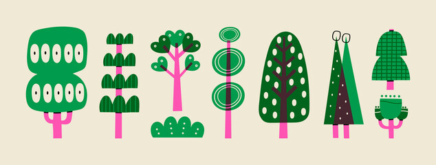 Hand drawn various green and purple Trees. Abstract different shapes. Trendy Vector illustration. Cartoon style. Various textures. All elements are isolated 