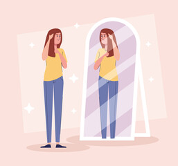 Wall Mural - beautiful sexy girl standing looking in the mirror vector illustration design