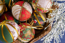 Basket Made Of Jute Filled With Christmas Balls