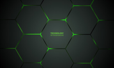 Dark green hexagonal technology vector abstract background. Green bright energy flashes under hexagon in modern technology futuristic background vector illustration. Dark gray honeycomb texture grid.