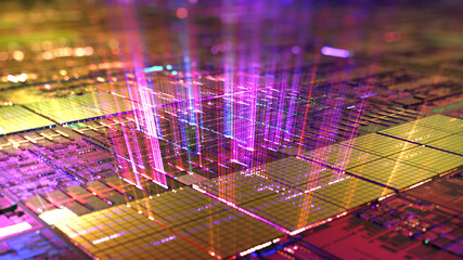abstract neon light rays loop of digital technology micro processor. futuristic technology abstract 