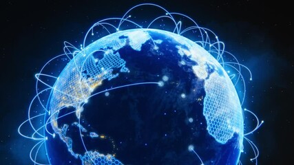 3D Graphics Concept: Spinning Earth Seen from Space Virtual Digitalization Network Covering Planet, Sharing Rays of Information Between Cities. Global Data Grid Connecting the Whole World. Zoom out