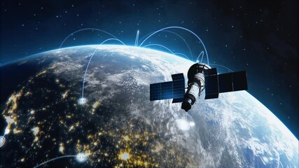 Wall Mural - satellite flying over earth as seen from the space, planet is covered by digitalization network shar