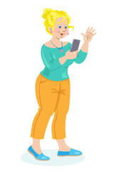 Sticker - Cute body positive blonde girl with a phone in her hand. The young  woman is a blogger. In cartoon style. Isolated on white background. Vector flat illustration