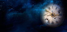 Mystical Image Of A Clock Face Of The Old Watch On The Night Sky Background With Stars. Philosophy Image Of Space Time Dimension And Time Transience.