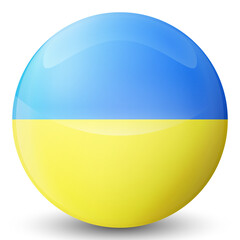 Glass light ball with flag of Ukraine. Round sphere, template icon. Ukrainian national symbol. Glossy realistic ball, 3D abstract vector illustration highlighted on a white background. Big bubble.