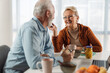 © Goran - Happy mature couple communicating while having breakfast at dining table