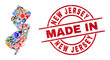 Technical New Jersey State map mosaic and MADE IN scratched stamp seal. New Jersey State map mosaic designed with wrenches, gearwheels, tools,, keys, vehicles, power sparks, helmets.