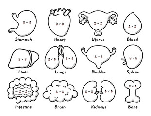 Cute healthy human organs character coloring page outline. Vector line cartoon kawaii character illustration icon. Bone,stomach,heart,uterus,blood,liver,lungs,bladder,splee,intestine,kidneys