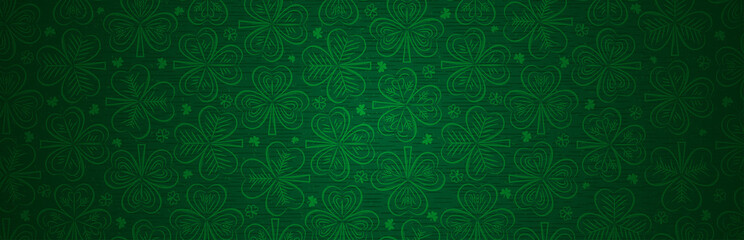 Wall Mural - green patricks day greeting banner with green clovers. patrick's day holiday design. horizontal back