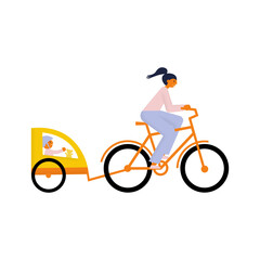 Wall Mural - Woman rides bike with her child who sits in a separated child sit. Flat vector illustration