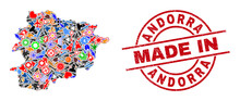 Engineering Mosaic Andorra Map And MADE IN Grunge Seal. Andorra Map Collage Formed With Spanners, Cogs, Tools,, Keys, Vehicles, Electric Sparks, Helmets.