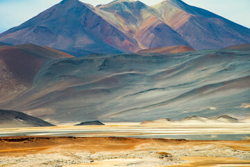 Canvas Print - The Andes mountain and saltwater lagoon, San Pedro de Atacama, Antofagasta Region, Chile