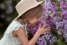 Little Girl In A Straw Hat Smalling A Bouquet Of Lilacs. Girl With Flower
