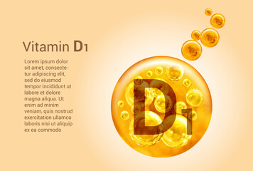 Wall Mural - Vitamin D1. Baner with vector images of golden balls with oxygen bubbles. Health concept.