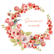 Wreath Of Watercolor Summer Plants, Red Roses And Wildflowers; Hand Painted Isolated Illustrations On A White Background