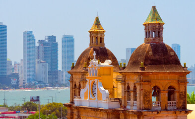 Canvas Print - Iglesia de San Pedro Claver in the old town, high-rises of the new city in the background, Cartagena, UNESCO World Heritage Site, Bolivar Department, Colombia