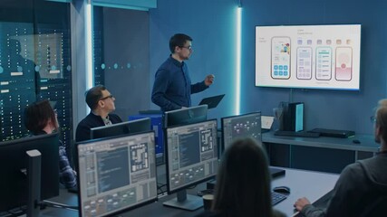 Poster - Tech Department Conference Room Meeting: IT Specialist Doing Food Delivery Software App Presentation to a Diverse Team of Engineers, Professionals, Explaining UI UX Working, Customer Support