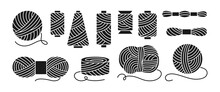 Sewing Threads Or Yarn Black Glyph Set. Spool And Bobbin Outline. Dressmaking Needlework Tools. Dressmaking, Sewing Workshop, Tailoring Hobby Knitting, Weaving Wool. Isolated Vector Illustration