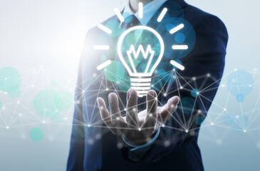 Poster - Business ideas and network technology. Businessperson holding lightbulb icon.