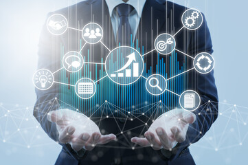 Poster - Business growth strategy and management. Business person holding network structure and business icons.