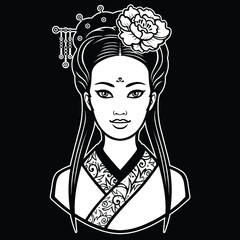 Animation portrait of the young beautiful Chinese girl with an ancient hairstyle. The white vector illustration isolated on a black background.