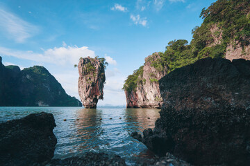 Travel by Thailand. Amazing scenery natural landscape of James Bond island Phang-Nga bay, Water tours of Phuket, Famous landmark and famous travel destination of Asia, Summer holiday vacation trip.