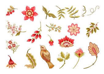 Fantasy flowers in retro, vintage, jacobean embroidery style. Embroidery imitation isolated on white background. Vector illustration. Set of elements for design, clip art.