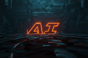 Wall Mural - 3d rendering of cyberpunk word ai, artificial intelligence illuminated in orange in metal background