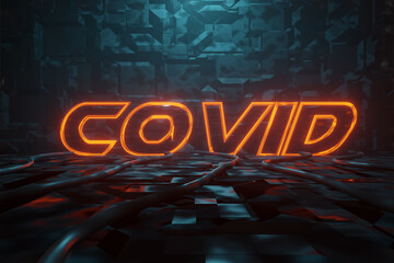 Wall Mural - 3d rendering of cyberpunk word covid illuminated in orange in metal background. artificially illumin