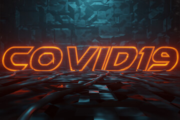 Wall Mural - 3d rendering of cyberpunk word covid19 illuminated in orange in metal background. artificially illum