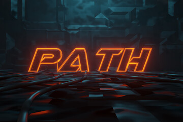 Wall Mural - 3d rendering of cyberpunk word path illuminated in orange in metal background. artificially illumina