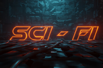 Wall Mural - 3d rendering of cyberpunk word sci-fi, scifi, sci fi illuminated in orange in metal background. arti