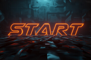 Wall Mural - 3d rendering of cyberpunk word start illuminated in orange in metal background. artificially illumin