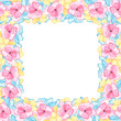 © Елена Пантюхина - Floral Frame with watercolor multicolored pink flowers with blue and yellow petals. Delicate botanical illustration, wedding invitation.