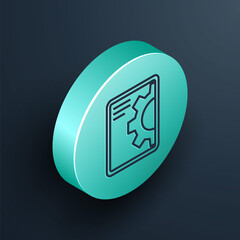 Isometric line Software, web development, programming concept icon isolated on black background. Programming language and program code on screen tablet. Turquoise circle button. Vector.