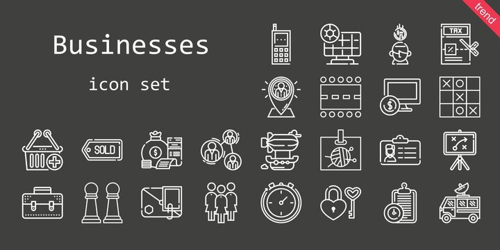 businesses icon set. line icon style. businesses related icons such as airship, briefcase, runway, e commerce, tax, satellite dish, analysis, padlock, money bag, clipboard