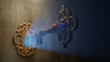 A Golden Brass Key Unlocks The Old Door Lock With The Light Shining Through The Keyhole. 3D Illustration