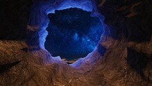 A Cave With A Hole Looking At The Night Sky Over A Horizon - 3D Illustration