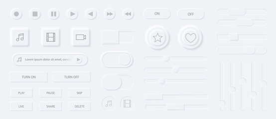 Wall Mural - Neumorphism media player interface elements set. Modern web or mobile app design. Audio video player application. Volume control buttons, knobs. Minimal style neumorphism. Neumorphic UI UX interface.