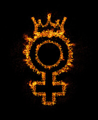 Fire female gender sign with queen crown burning in flames, isolated on black background with bright sparkles. Sex rights, girl power, leadership concept. 8 March International Women's Day art banner