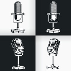 Wall Mural - Silhouette old vintage radio microphone retro podcast, classic clipart cartoon illustration