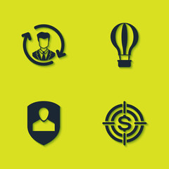 Poster - Set Human resources, Target with dollar, User protection and Hot air balloon icon. Vector.