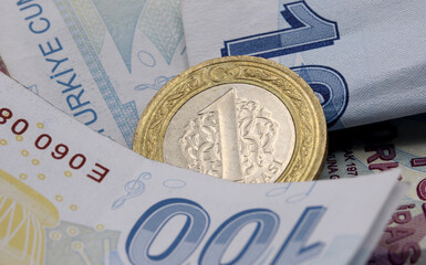 close-up Turkish banknotes and coins