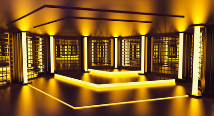 3d gold neon abstract background. Night club interior. Yellow podium decoration empty room. Glowing lights. Render.