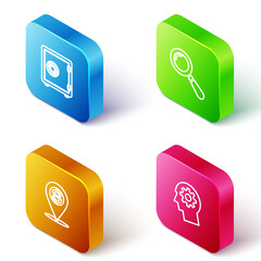 Sticker - Set Isometric line Safe, Magnifying glass, Cash location pin and Human head with gear inside icon. Vector.